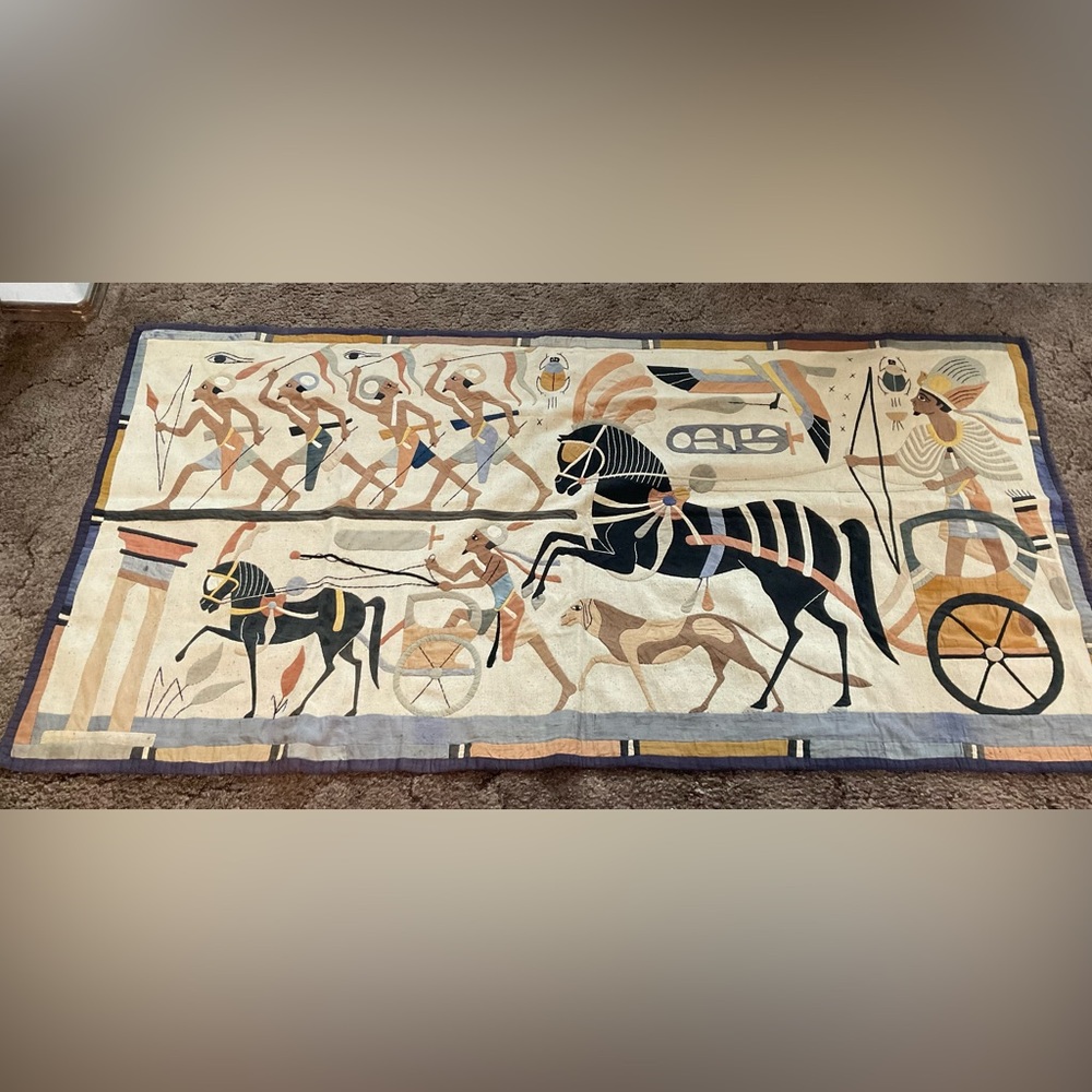 ANTIQUE EGYPTIAN REVIVAL APPLIQUE TAPESTRY TEXTILE WALL HANGING